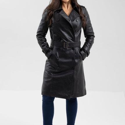 FM Women's Double Breasted Black Leather Trench Coat