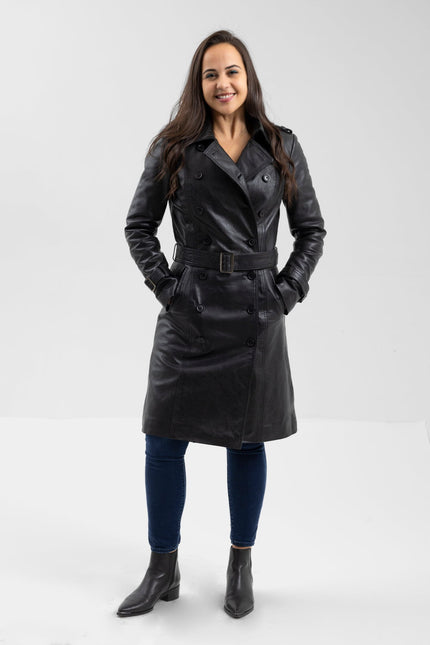 FM Women's Double Breasted Black Leather Trench Coat