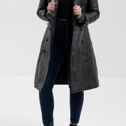 FM Women's Double Breasted Black Leather Trench Coat