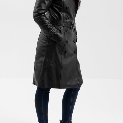 FM Women's Double Breasted Black Leather Trench Coat