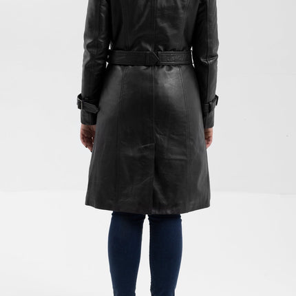 FM Women's Double Breasted Black Leather Trench Coat