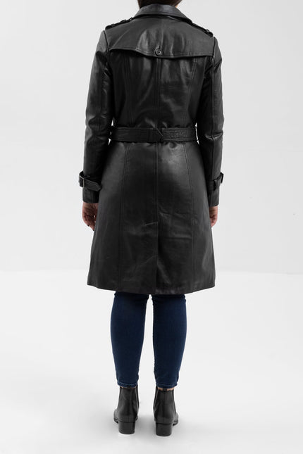 FM Women's Double Breasted Black Leather Trench Coat