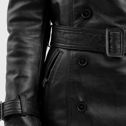 FM Women's Double Breasted Black Leather Trench Coat