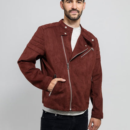 FM Men's Asymmetrical Zipper Maroon Faux Suede Vegan Leather Biker Jacket