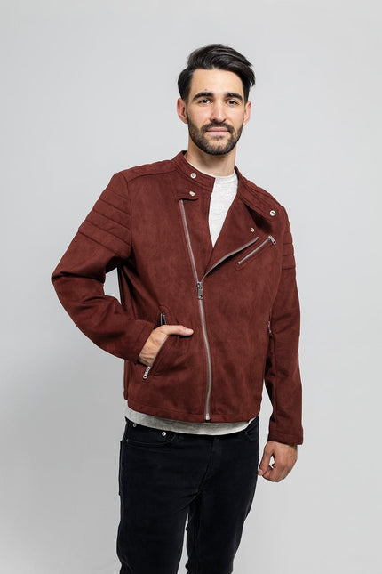 FM Men's Asymmetrical Zipper Maroon Faux Suede Vegan Leather Biker Jacket
