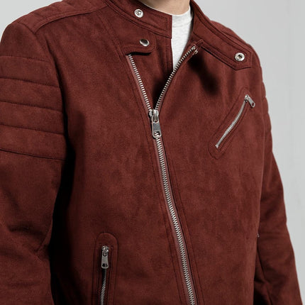 FM Men's Asymmetrical Zipper Maroon Faux Suede Vegan Leather Biker Jacket