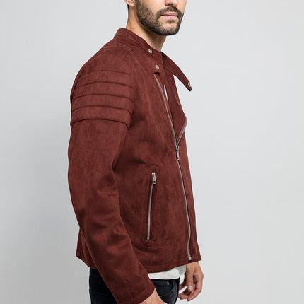 FM Men's Asymmetrical Zipper Maroon Faux Suede Vegan Leather Biker Jacket