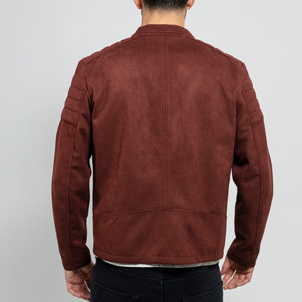 FM Men's Asymmetrical Zipper Maroon Faux Suede Vegan Leather Biker Jacket