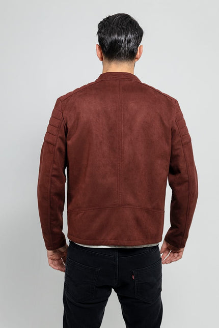 FM Men's Asymmetrical Zipper Maroon Faux Suede Vegan Leather Biker Jacket