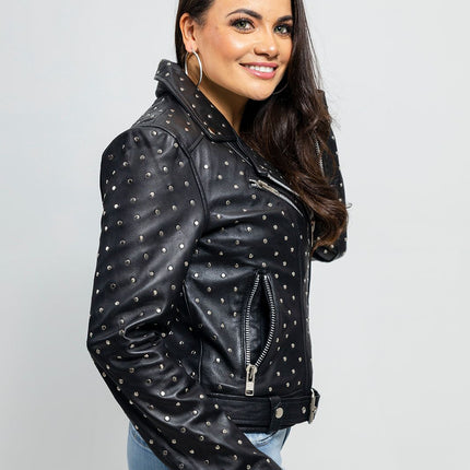 FM Women's Lambskin Leather Asymmetrical Studded Leather Biker Jacket