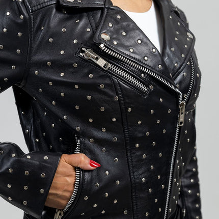 FM Women's Lambskin Leather Asymmetrical Studded Leather Biker Jacket