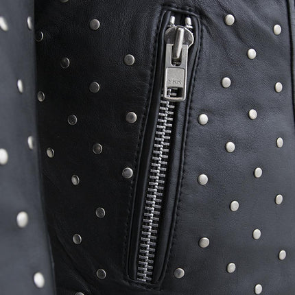 FM Women's Lambskin Leather Asymmetrical Studded Leather Biker Jacket