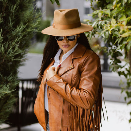 FM Women's Asymmetrical Cognac Western Fringe Leather Jacket
