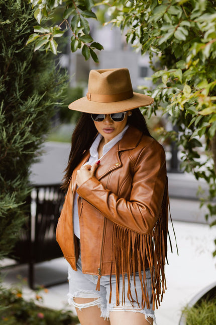 FM Women's Asymmetrical Cognac Western Fringe Leather Jacket
