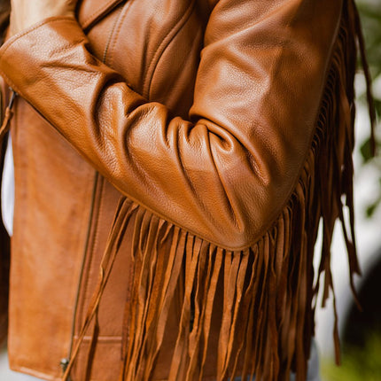 FM Women's Asymmetrical Cognac Western Fringe Leather Jacket