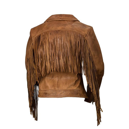 FM Women's Asymmetrical Cognac Western Fringe Leather Jacket