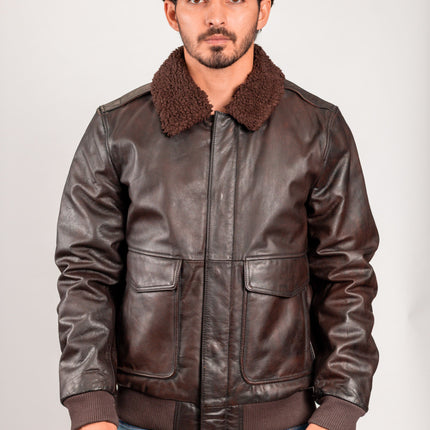 FM Men's Brown A2 Leather Bomber Jacket w/ Fur Collar