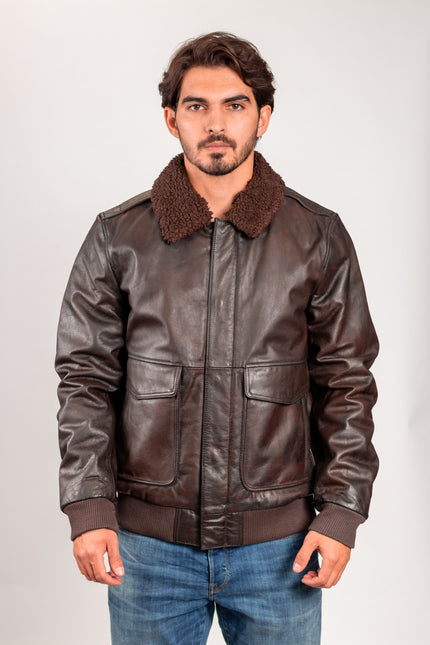 FM Men's Brown A2 Leather Bomber Jacket w/ Fur Collar