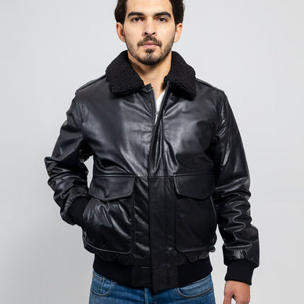 FM Men's Black Aviator Leather Bomber Jacket w/ Removable Fur Collar