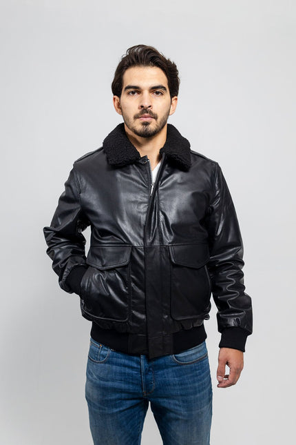 FM Men's Black Aviator Leather Bomber Jacket w/ Removable Fur Collar