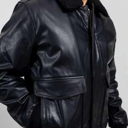 FM Men's Black Aviator Leather Bomber Jacket w/ Removable Fur Collar