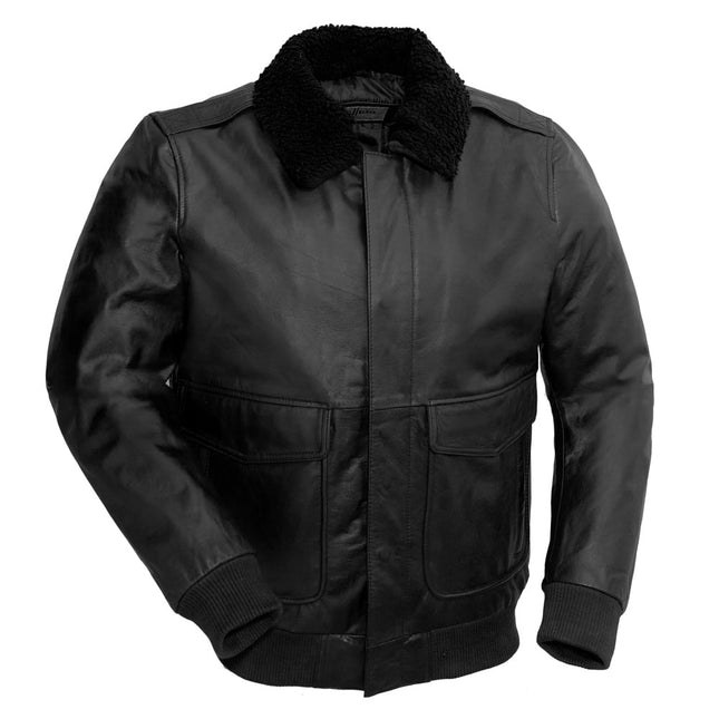 FM Men's Black Aviator Leather Bomber Jacket w/ Removable Fur Collar