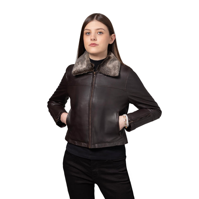 FM Women's Shearling Collar Moto Brown Leather Jacket