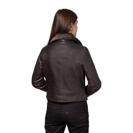 FM Women's Shearling Collar Moto Brown Leather Jacket