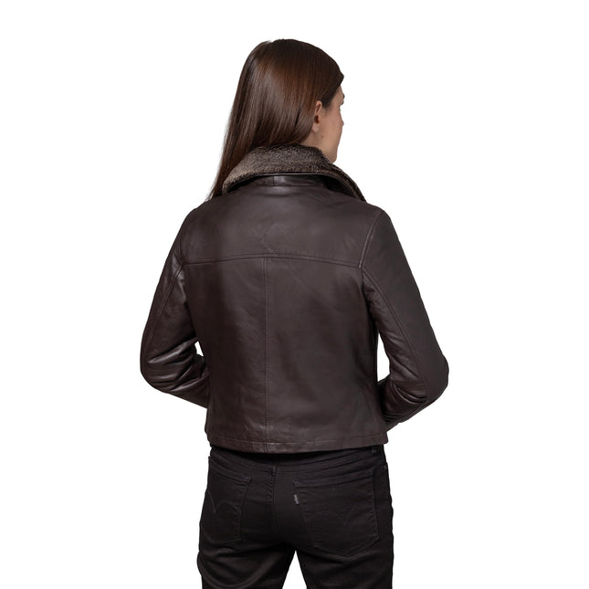 FM Women's Shearling Collar Moto Brown Leather Jacket