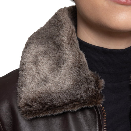 FM Women's Shearling Collar Moto Brown Leather Jacket