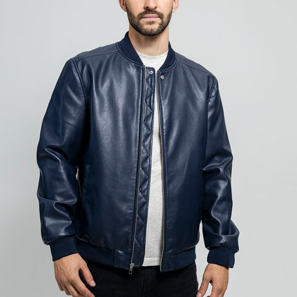 FM Men's Blue Vegan Leather Bomber Jacket