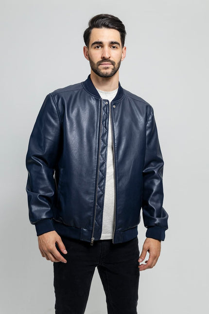 FM Men's Blue Vegan Leather Bomber Jacket