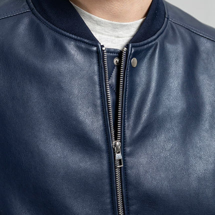FM Men's Blue Vegan Leather Bomber Jacket