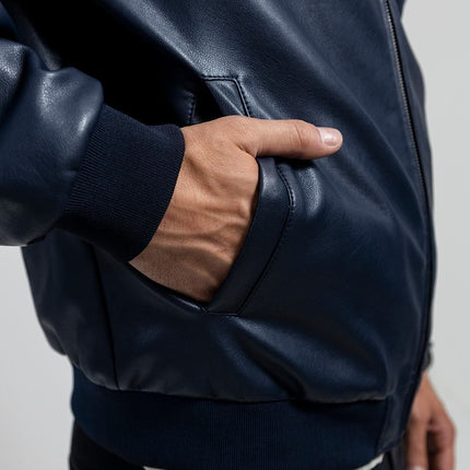 FM Men's Blue Vegan Leather Bomber Jacket
