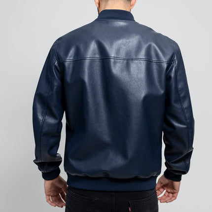 FM Men's Blue Vegan Leather Bomber Jacket