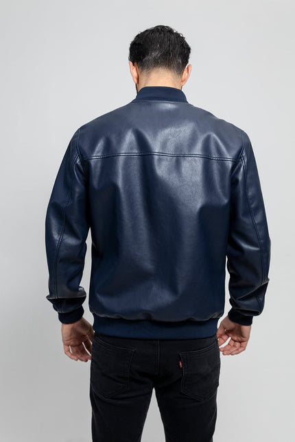 FM Men's Blue Vegan Leather Bomber Jacket