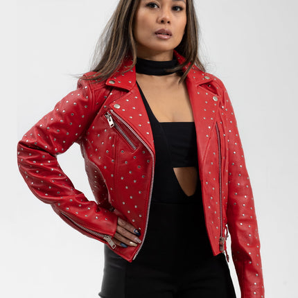 FM Women's Red Lambskin Leather Asymmetrical Studded Leather Biker Jacket
