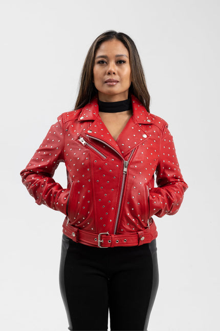 FM Women's Red Lambskin Leather Asymmetrical Studded Leather Biker Jacket