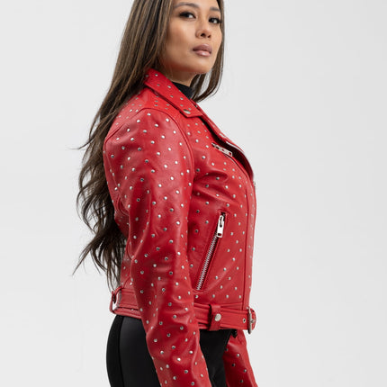 FM Women's Red Lambskin Leather Asymmetrical Studded Leather Biker Jacket