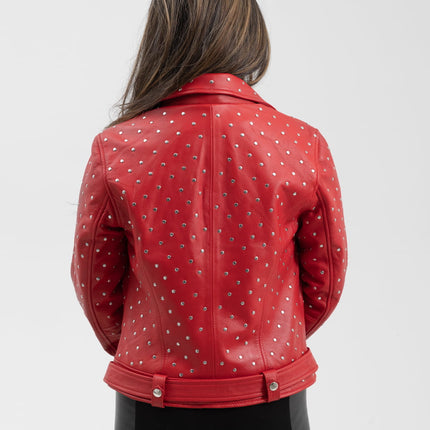 FM Women's Red Lambskin Leather Asymmetrical Studded Leather Biker Jacket