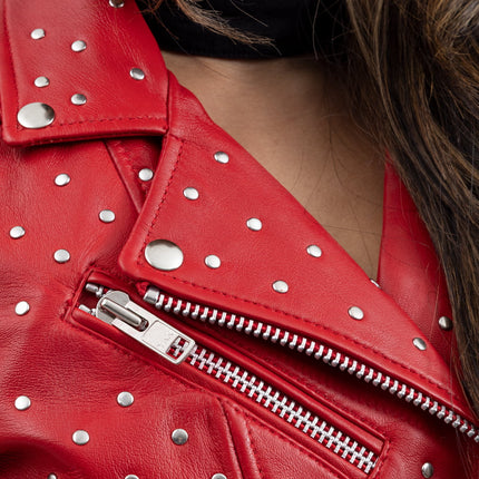 FM Women's Red Lambskin Leather Asymmetrical Studded Leather Biker Jacket