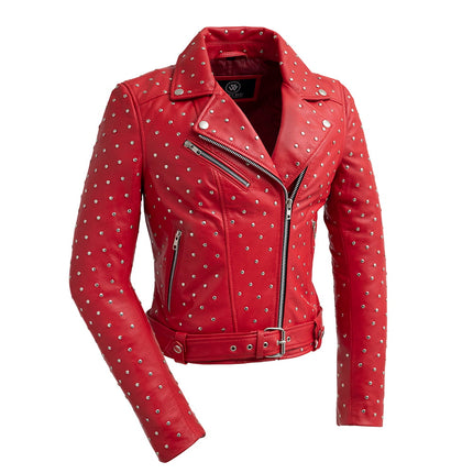 FM Women's Red Lambskin Leather Asymmetrical Studded Leather Biker Jacket
