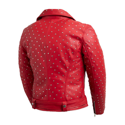 FM Women's Red Lambskin Leather Asymmetrical Studded Leather Biker Jacket