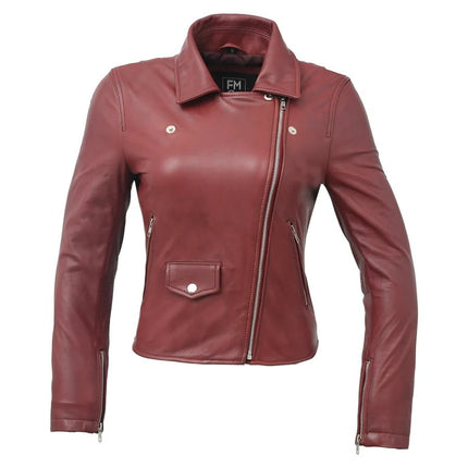 FM Women's Oxblood Asymmetrical Biker Style Leather Jacket