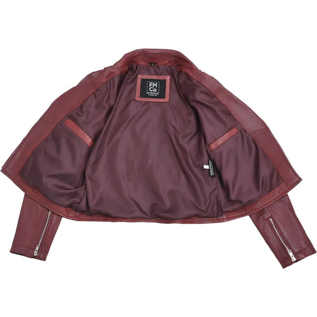 FM Women's Oxblood Asymmetrical Biker Style Leather Jacket