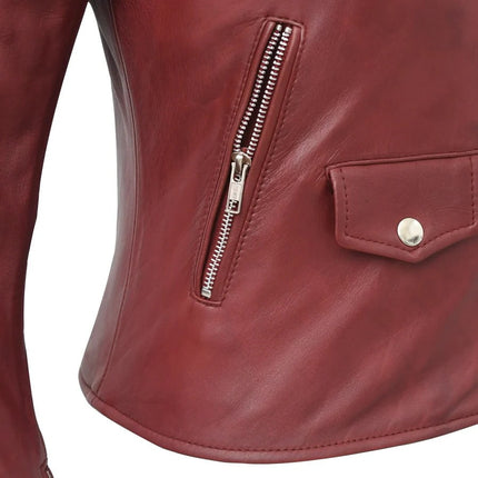 FM Women's Oxblood Asymmetrical Biker Style Leather Jacket