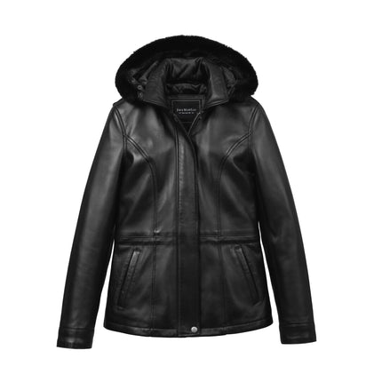 FM Women's Black Faux Fur Hooded Leather Coat