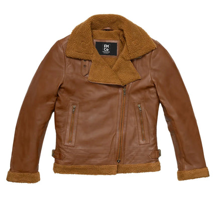 FM Women's Asymmetrical Zipper Brown Leather Shearling Jacket