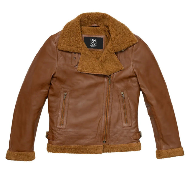 FM Women's Asymmetrical Zipper Brown Leather Shearling Jacket