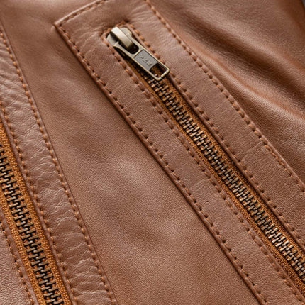FM Women's Asymmetrical Zipper Brown Leather Shearling Jacket